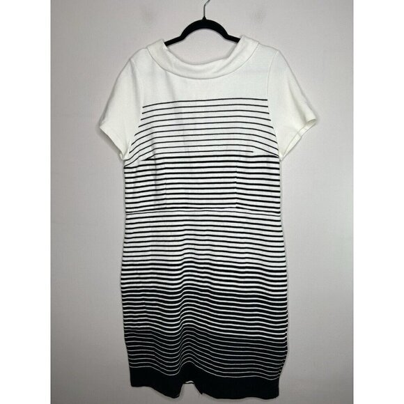 Talbots Black White Midi Collared Stripes Short Sleeve Size 16 - Picture 1 of 14
